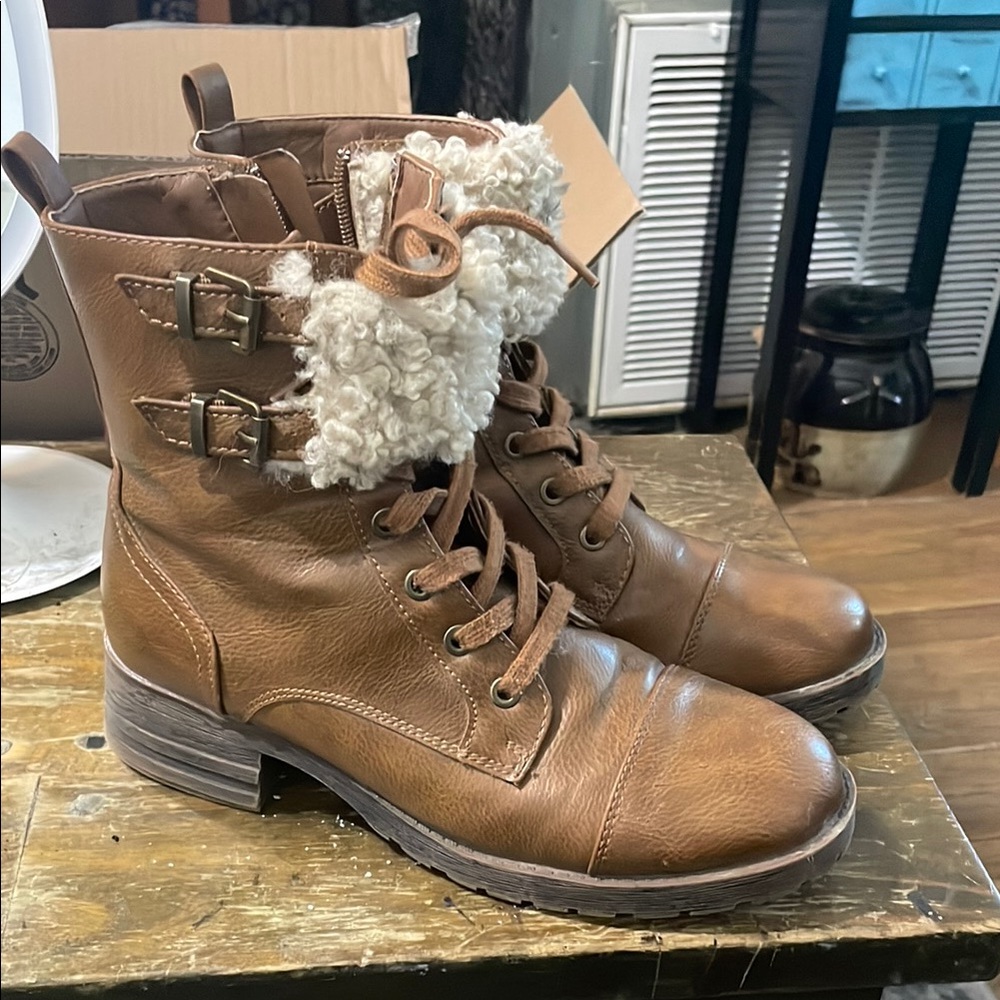 Brown Combat Boots with Cap-Toe and Goodyear Welt